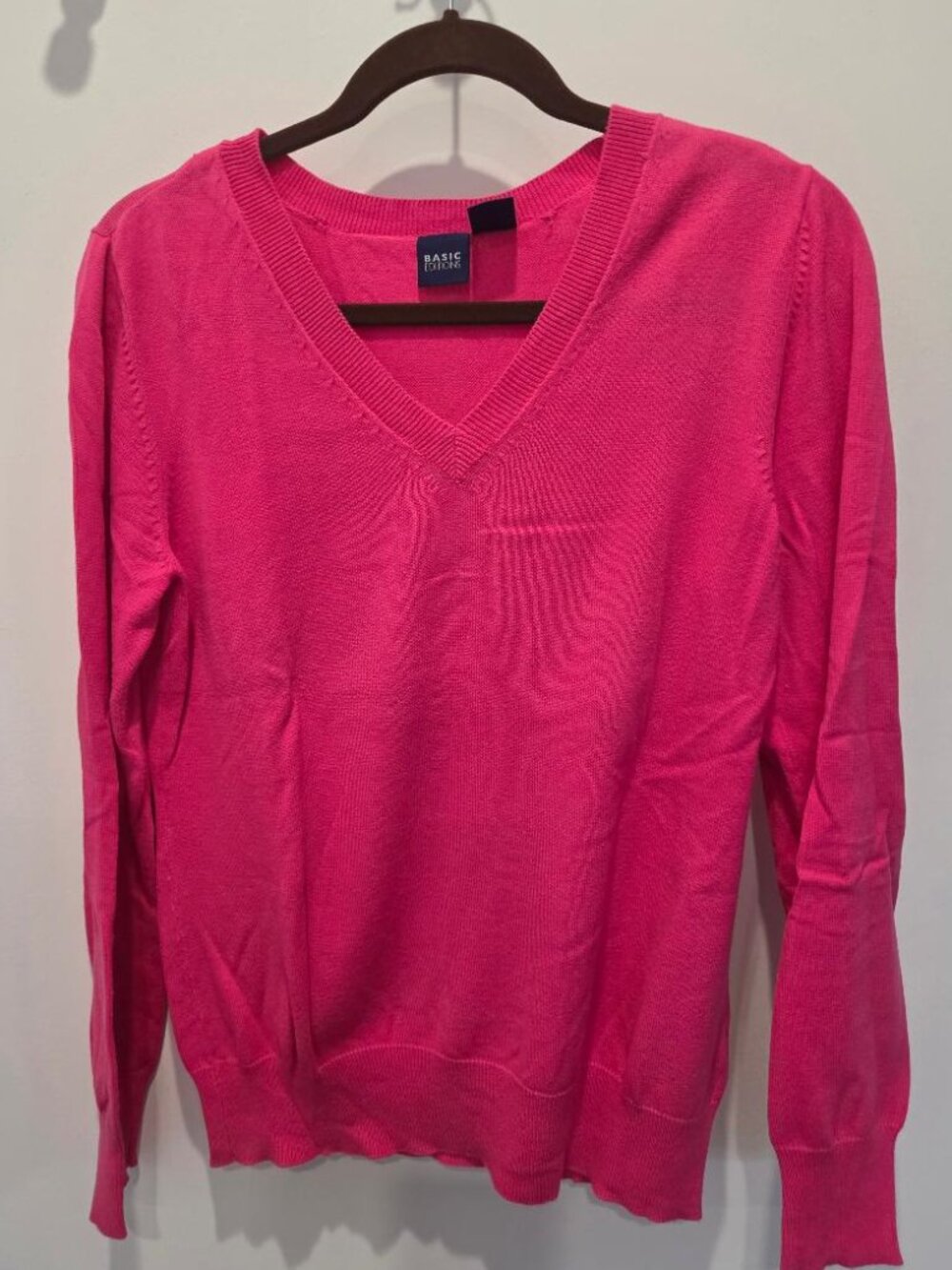 Basic Editions Pink Cotton V Neck Long Sleeve Sweater  Medium
